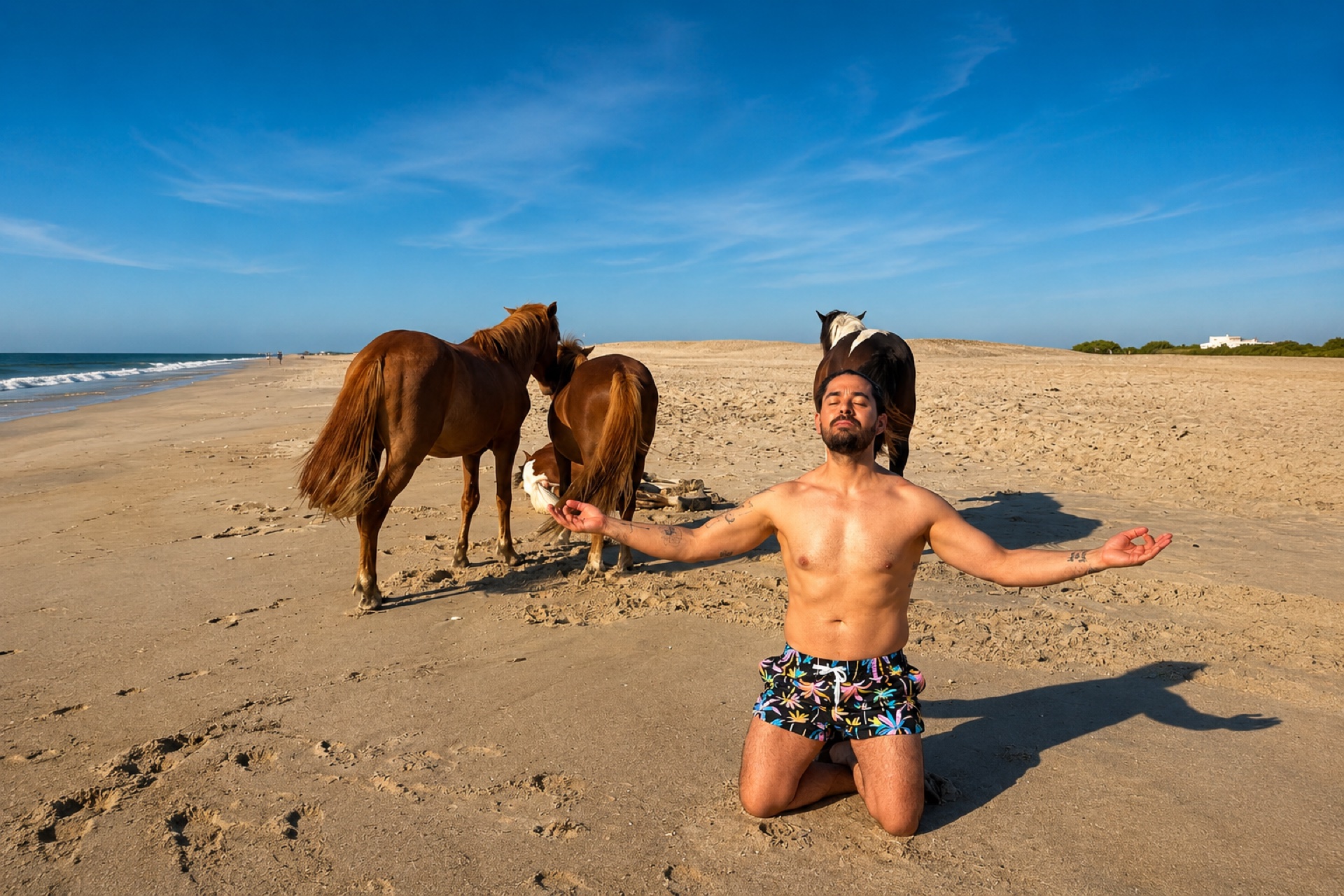 Miguel meditando en la playa junto a caballos — foto real