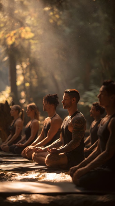 Meditación grupal en el bosque, luz entre los árboles — foto real